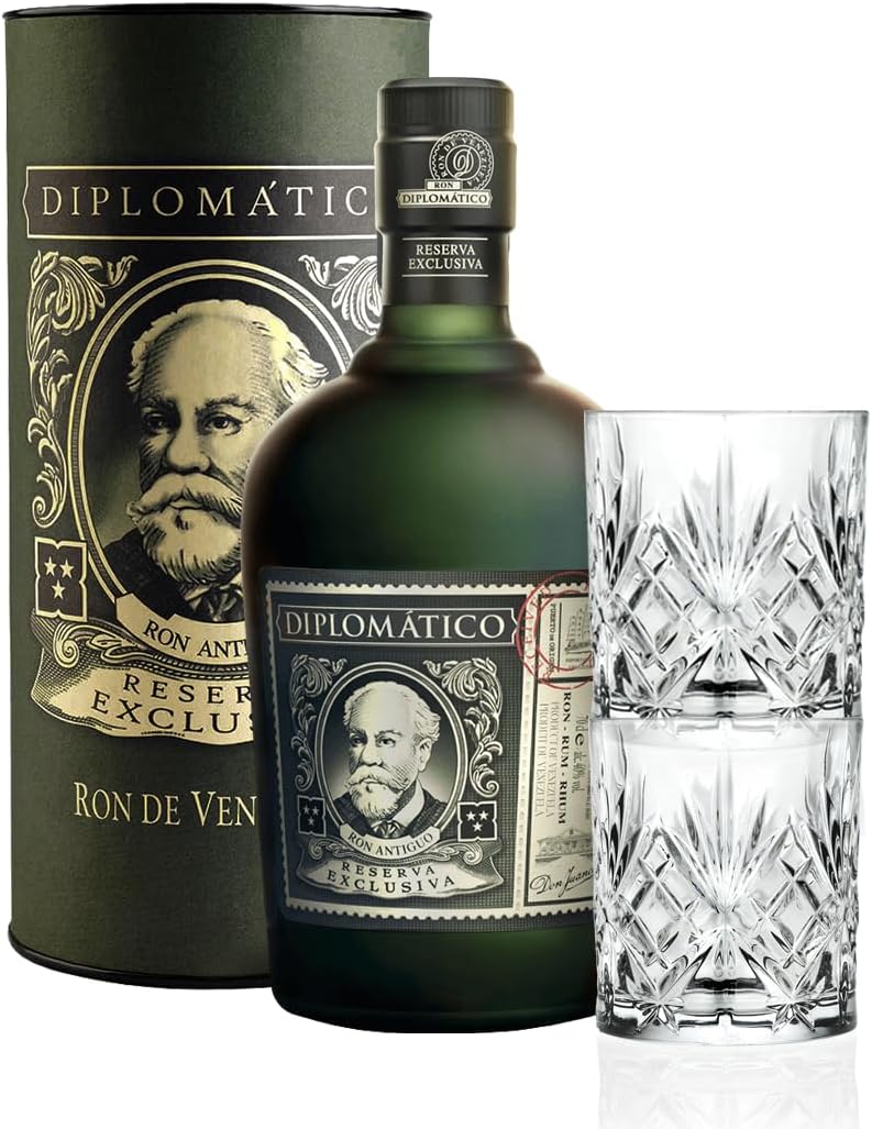 Diplomático Reserva Exclusiva 700ml + Bicchieri Originali | Old Fashioned Tumbler Glass Bicchiere Rum Degustazione | Astuccio Tubo Giftbox Idea Regalo (1 Bottiglia Astucciata + 2 Bicchieri)