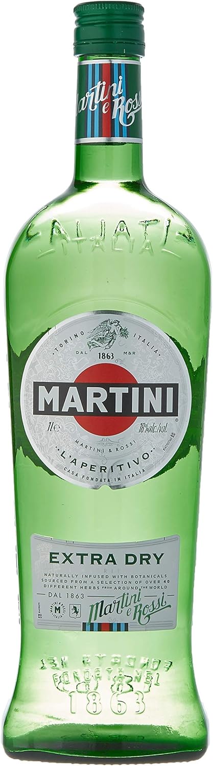 MARTINI Extra Dry Vermouth Aperitivo, Vermouth Bianco Brillante Italiano Infuso con Botaniche Selezionate a Mano, 18% ABV, 100cl / 1L