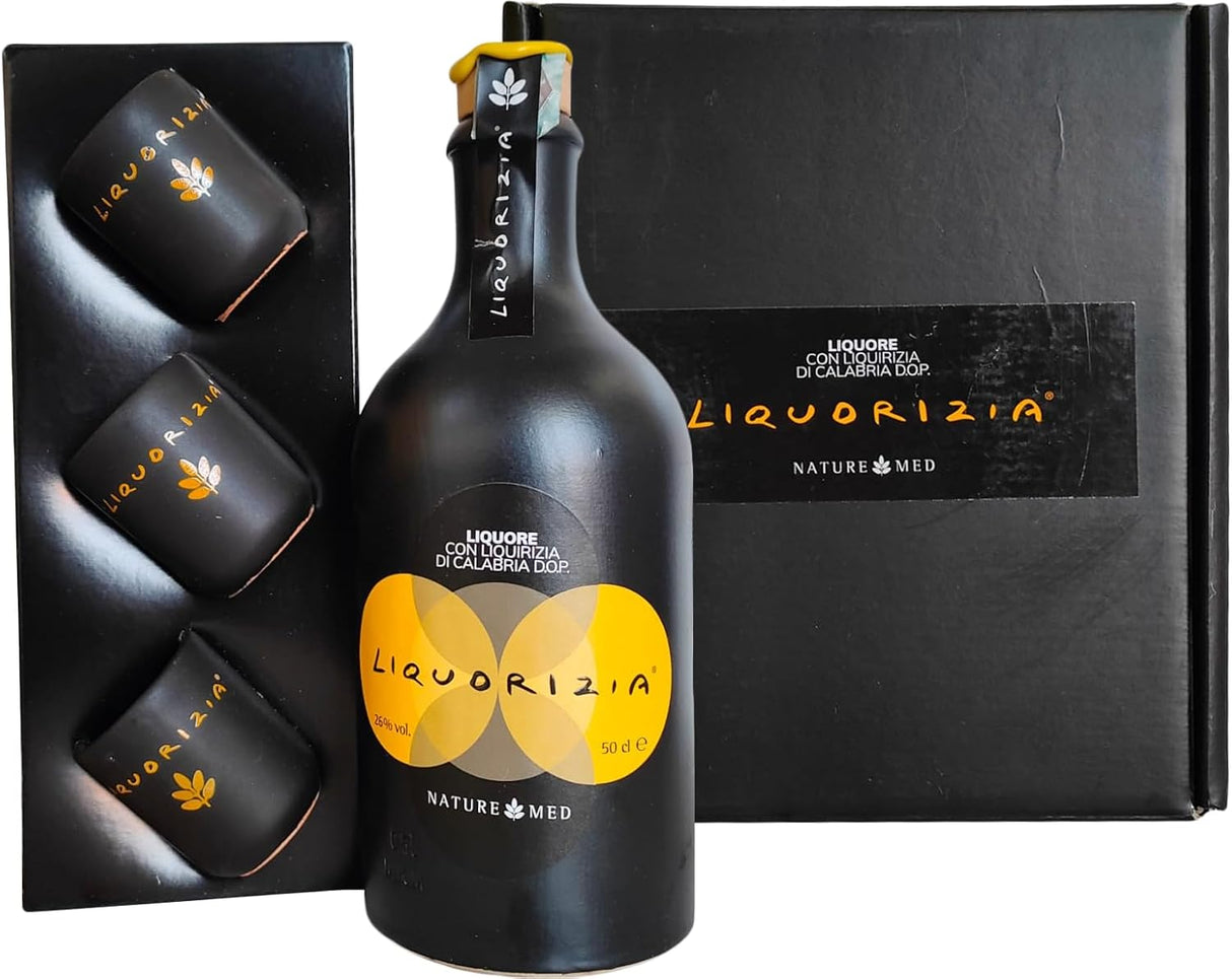 Confezione di Liquorizia con 3 bicchierini in ceramica | Liquore alla Liquirizia Calabrese NATUREMED