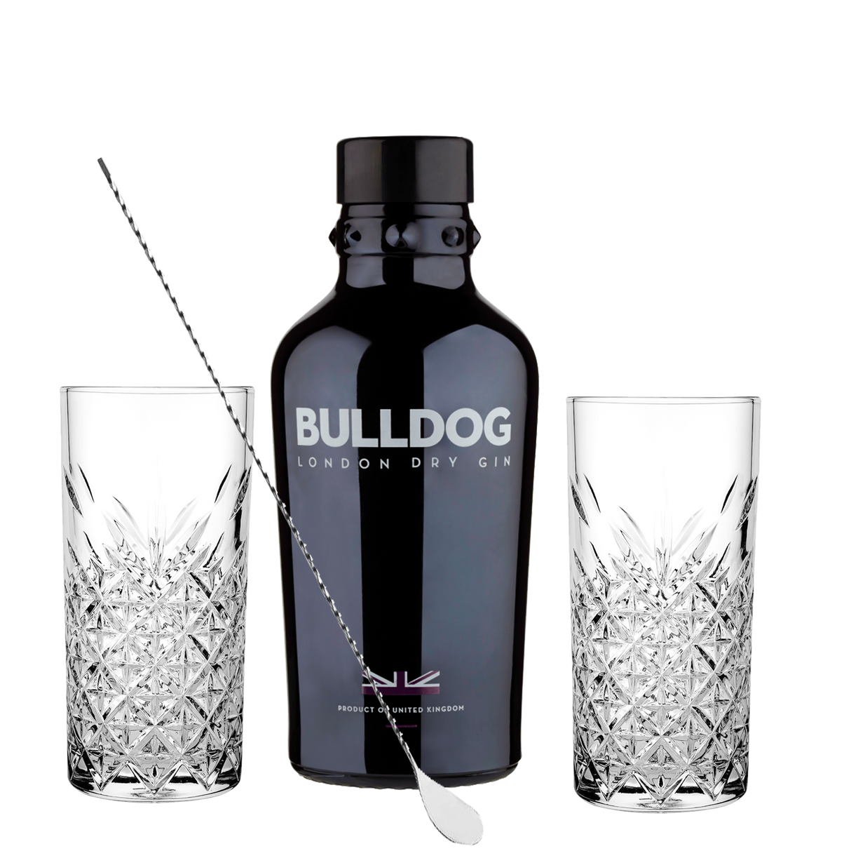 Set Cocktail Premium con Bulldog Gin 70 cl + 2 Bicchieri Tumbler in Vetro 30cl +  1 Bar Spoon Cucchiaio Acciaio Inox - Idea Regalo Uomo Bartendering Gin Tonic, Mixology e Home Bar