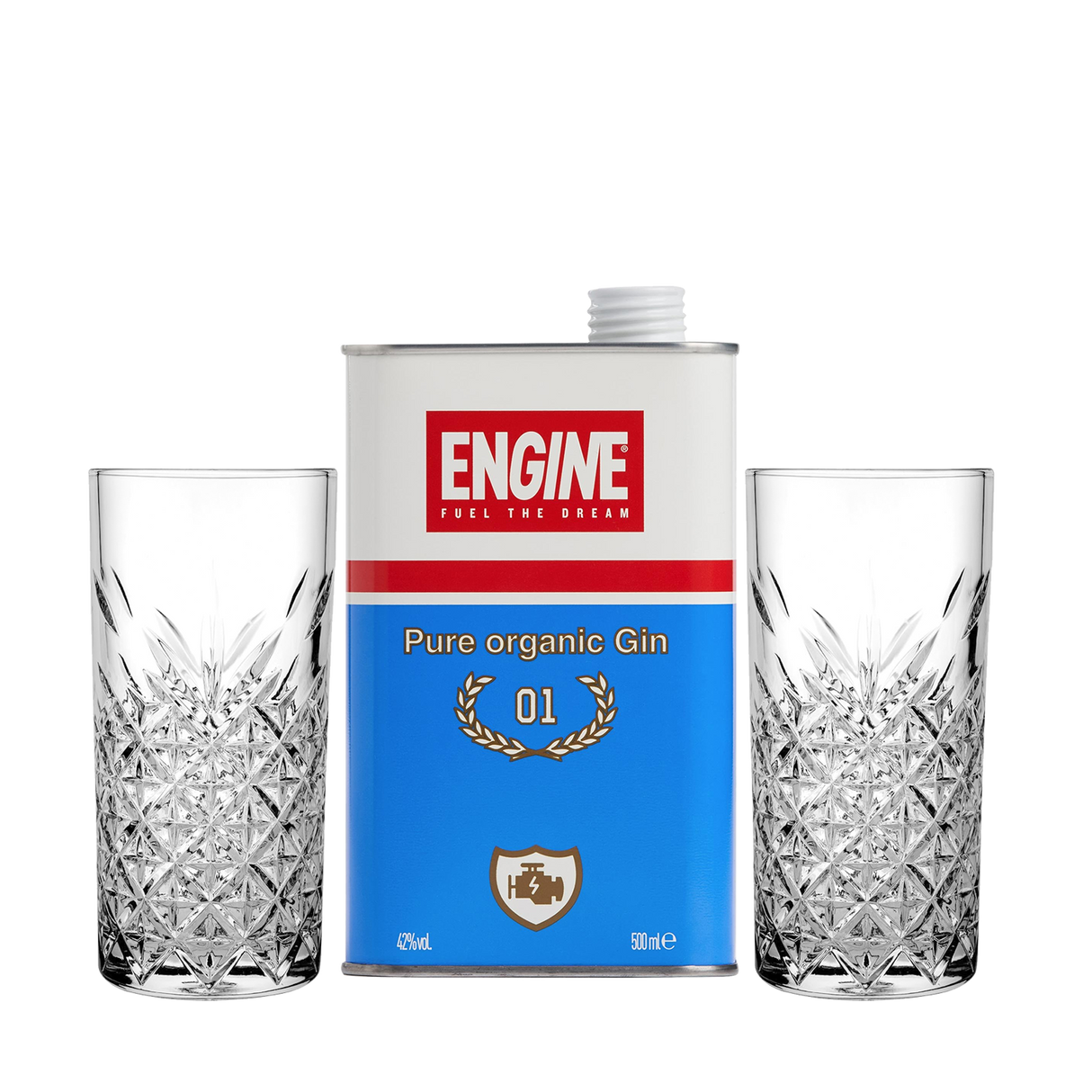 Set Cocktail Premium con Engine Gin, 500ml + 2 Bicchieri Tumbler in Vetro 30cl  -  Idea Regalo Uomo Bartendering Gin Tonic, Mixology e Home Bar