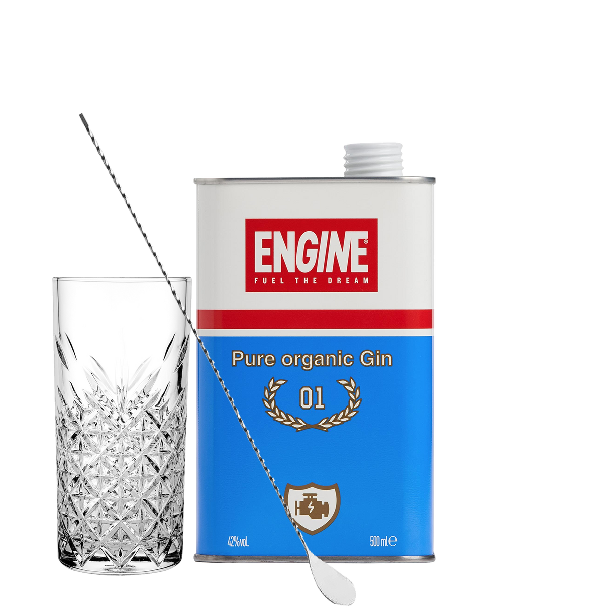 Set Cocktail Premium con Engine Gin, 500ml + 1 Bicchieri Tumbler in Vetro 30cl + 1 Bar Spoon Cucchiaio Acciaio Inox - Idea Regalo Uomo Bartendering Gin Tonic, Mixology e Home Bar