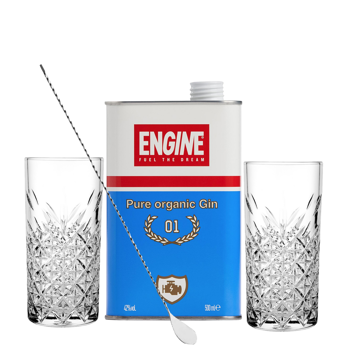 Set Cocktail Premium con Engine Gin, 500ml + 2 Bicchieri Tumbler in Vetro 30cl +  1 Bar Spoon Cucchiaio Acciaio Inox - Idea Regalo Uomo Bartendering Gin Tonic, Mixology e Home Bar