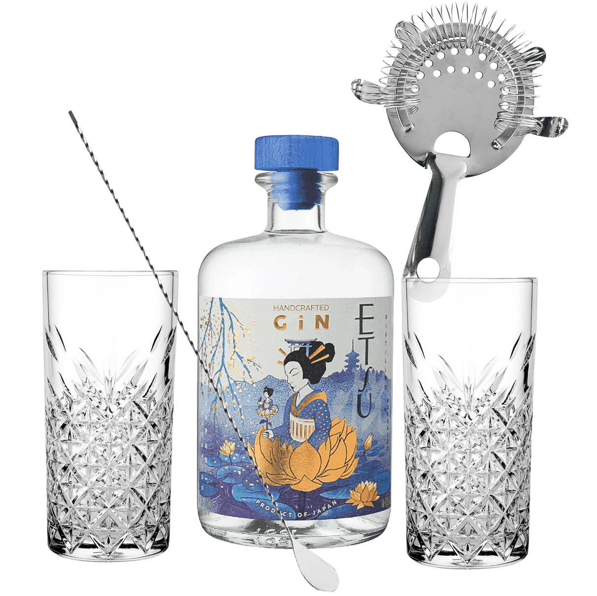 Set Cocktail Premium con Etsu Japanese Gin 70 cl + 2 Bicchieri Tumbler in Vetro 30cl + 1 Bar Strainer Acciaio Inox +  1 Bar Spoon Cucchiaio Acciaio Inox - Idea Regalo Uomo Bartendering