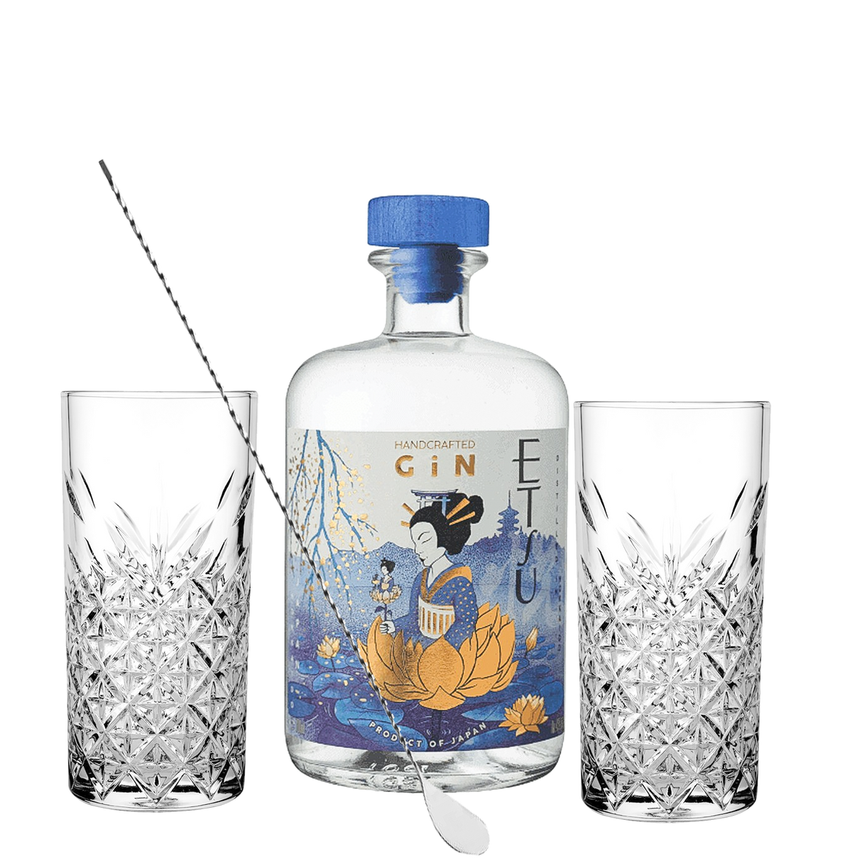 Set Cocktail Premium con Etsu Japanese Gin 70 cl + 2 Bicchieri Tumbler in Vetro 30cl +  1 Bar Spoon Cucchiaio Acciaio Inox - Idea Regalo Uomo Bartendering Gin Tonic, Mixology e Home Bar