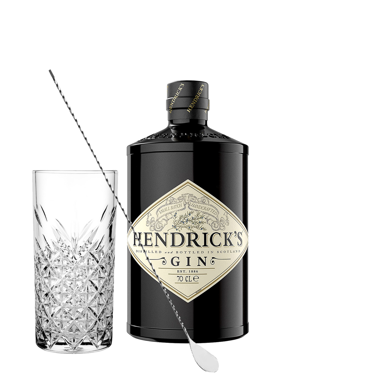 Set Cocktail Premium con Hendrick's Gin 70 cl + 1 Bicchieri Tumbler in Vetro 30cl + 1 Bar Spoon Cucchiaio Acciaio Inox - Idea Regalo Uomo Bartendering Gin Tonic, Mixology e Home Bar