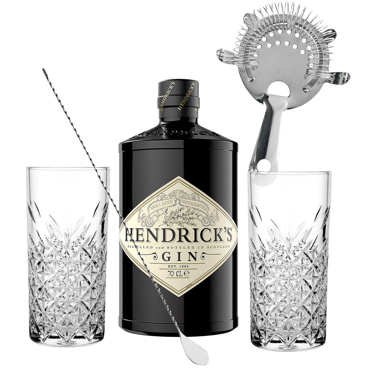 Set Cocktail Premium con Hendrick's Gin 70 cl + 2 Bicchieri Tumbler in Vetro 30cl + 1 Bar Strainer Acciaio Inox +  1 Bar Spoon Cucchiaio Acciaio Inox - Idea Regalo Uomo Bartendering