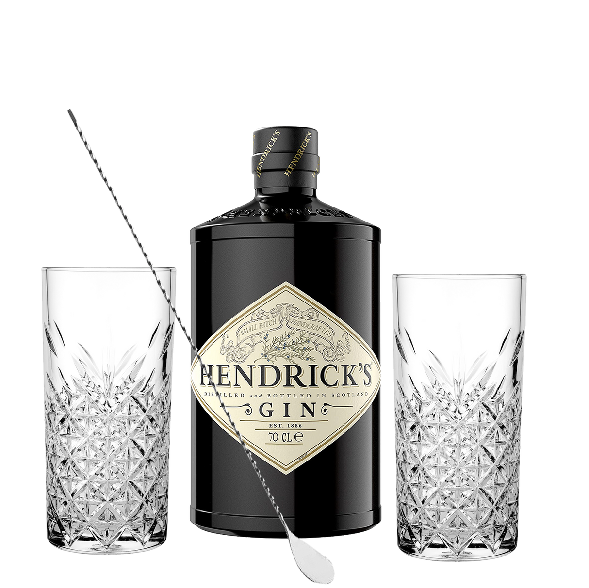 Set Cocktail Premium con Hendrick's Gin 70 cl + 2 Bicchieri Tumbler in Vetro 30cl +  1 Bar Spoon Cucchiaio Acciaio Inox - Idea Regalo Uomo Bartendering Gin Tonic, Mixology e Home Bar