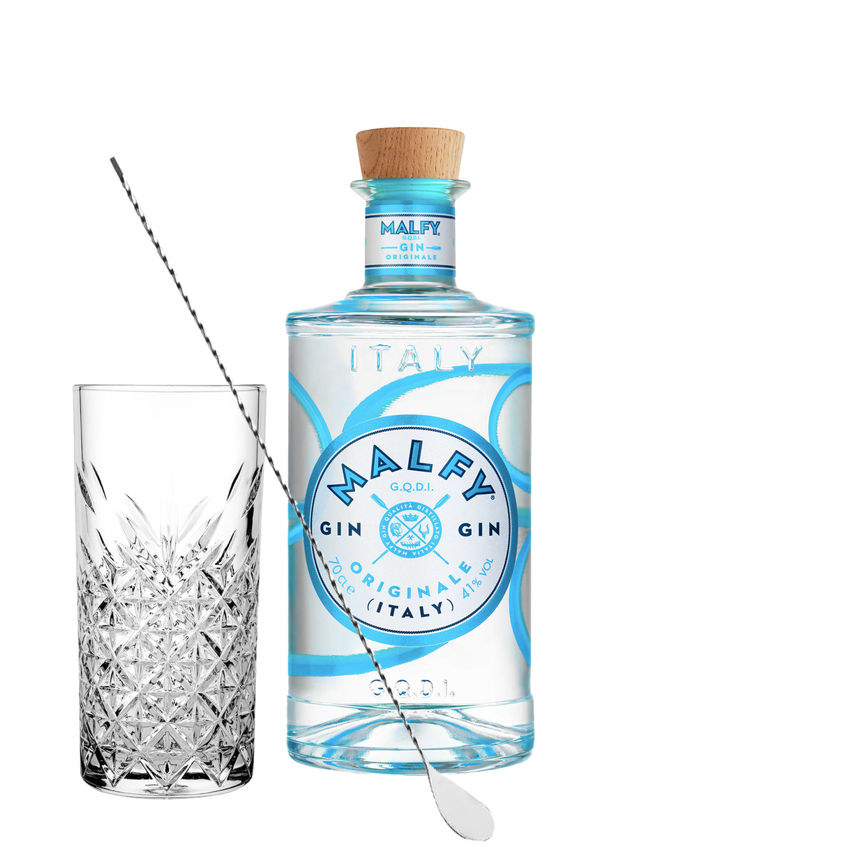 Set Cocktail Premium con Malfy Gin Originale 70 cl + 1 Bicchieri Tumbler in Vetro 30cl + 1 Bar Spoon Cucchiaio Acciaio Inox - Idea Regalo Uomo Bartendering Gin Tonic, Mixology e Home Bar