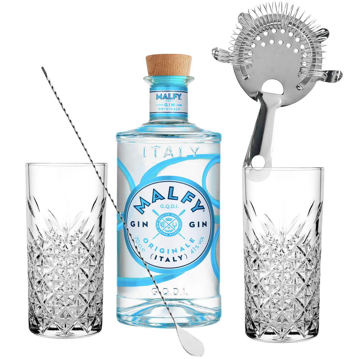 Set Cocktail Premium con Malfy Gin Originale 70 cl + 2 Bicchieri Tumbler in Vetro 30cl + 1 Bar Strainer Acciaio Inox +  1 Bar Spoon Cucchiaio Acciaio Inox - Idea Regalo Uomo Bartendering