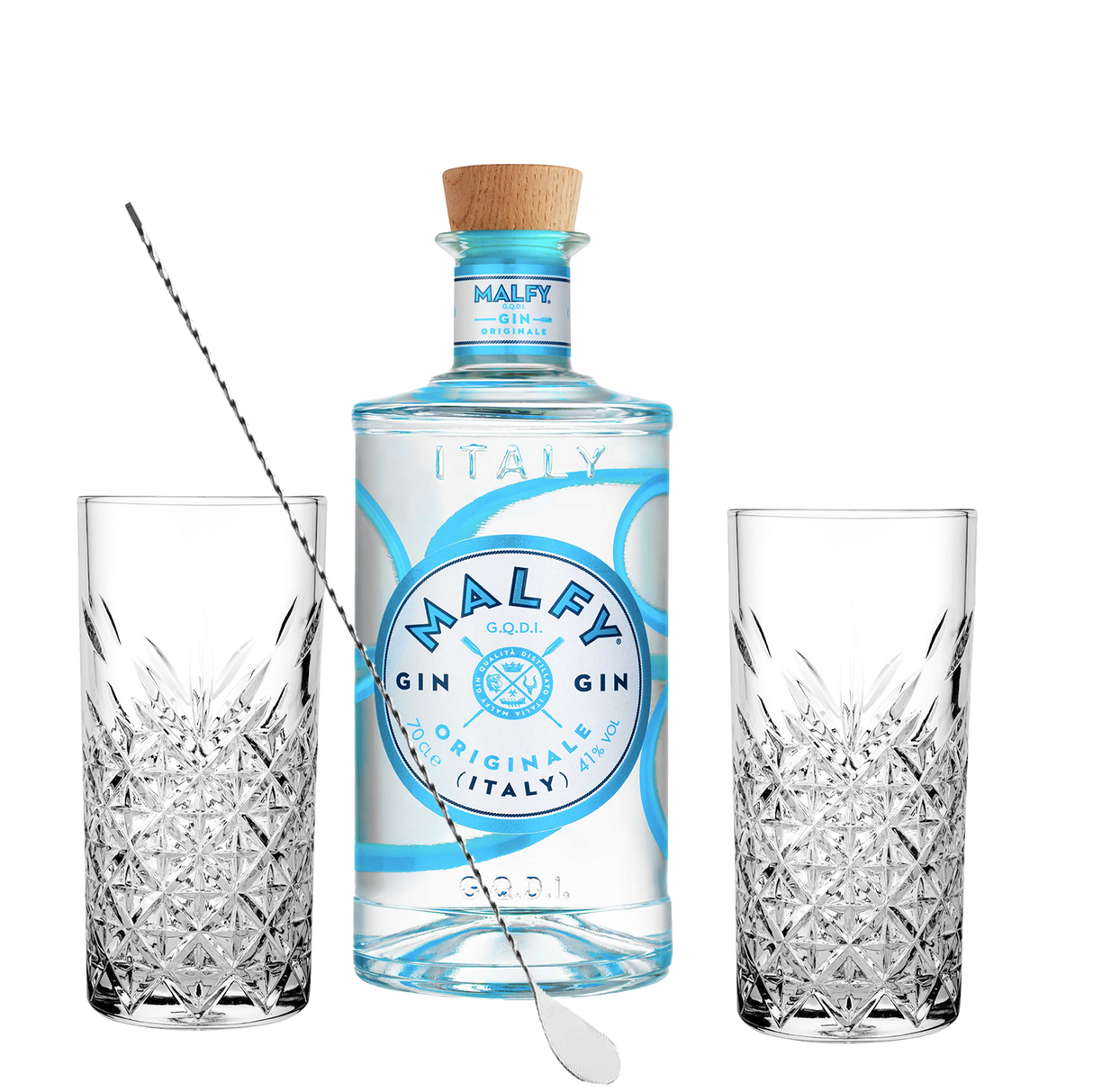 Set Cocktail Premium con Malfy Gin Originale 70 cl + 2 Bicchieri Tumbler in Vetro 30cl +  1 Bar Spoon Cucchiaio Acciaio Inox - Idea Regalo Uomo Bartendering Gin Tonic, Mixology e Home Bar