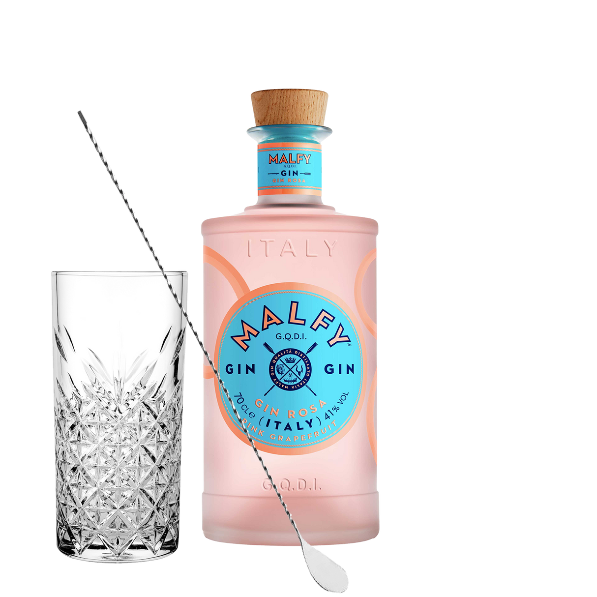 Set Cocktail Premium con Malfy Gin Rosa 70 cl + 1 Bicchieri Tumbler in Vetro 30cl + 1 Bar Spoon Cucchiaio Acciaio Inox - Idea Regalo Uomo Bartendering Gin Tonic, Mixology e Home Bar