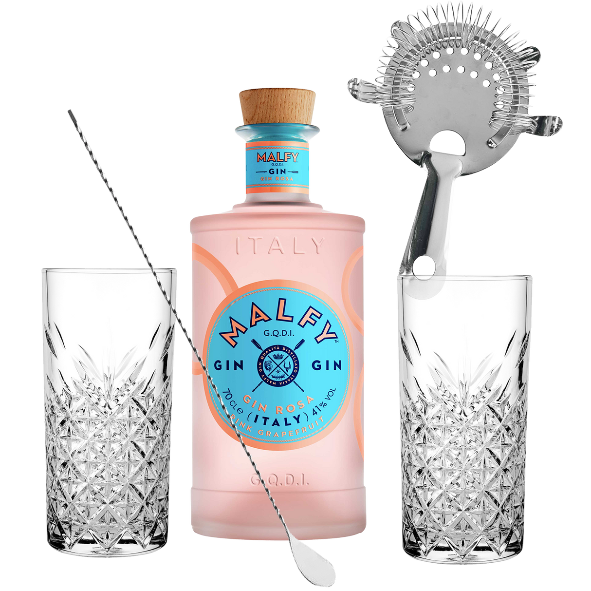 Set Cocktail Premium con Malfy Gin Rosa 70 cl + 2 Bicchieri Tumbler in Vetro 30cl + 1 Bar Strainer Acciaio Inox +  1 Bar Spoon Cucchiaio Acciaio Inox - Idea Regalo Uomo Bartendering