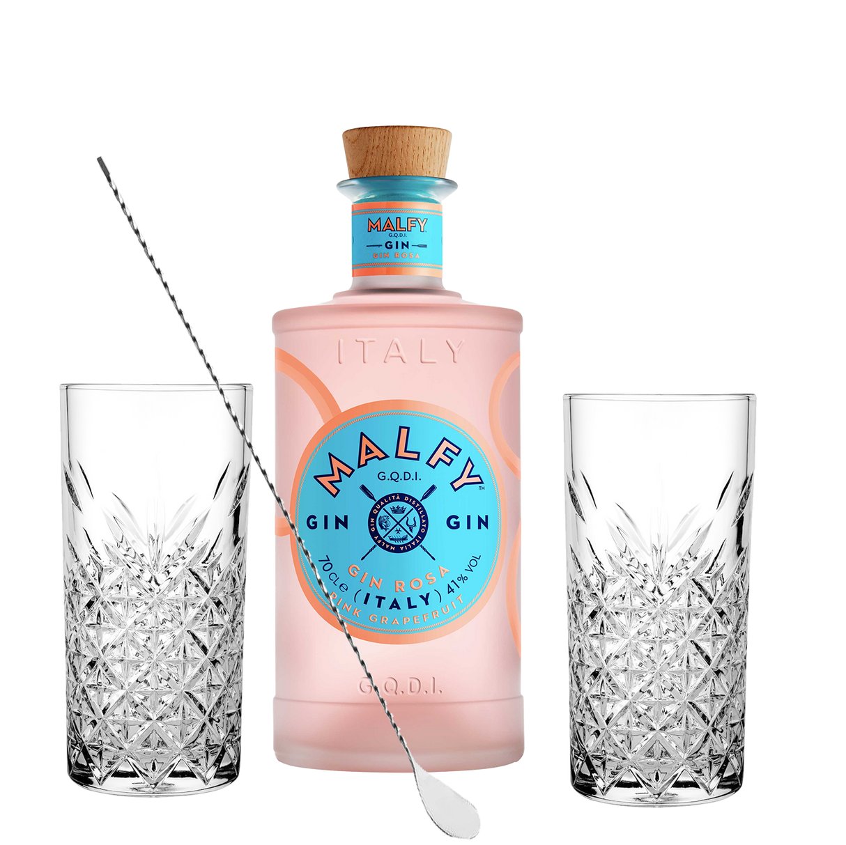 Set Cocktail Premium con Malfy Gin Rosa 70 cl + 2 Bicchieri Tumbler in Vetro 30cl +  1 Bar Spoon Cucchiaio Acciaio Inox - Idea Regalo Uomo Bartendering Gin Tonic, Mixology e Home Bar