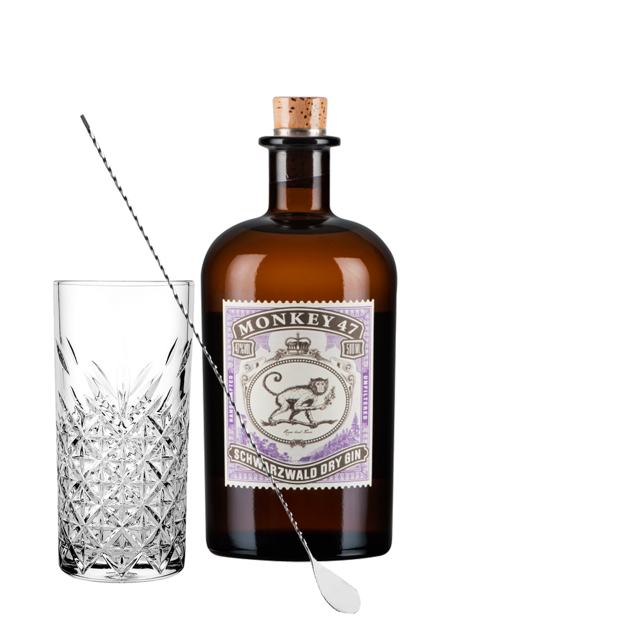 Set Cocktail Premium con Monkey 47 Gin 500 ml + 1 Bicchieri Tumbler in Vetro 30cl + 1 Bar Spoon Cucchiaio Acciaio Inox - Idea Regalo Uomo Bartendering Gin Tonic, Mixology e Home Bar