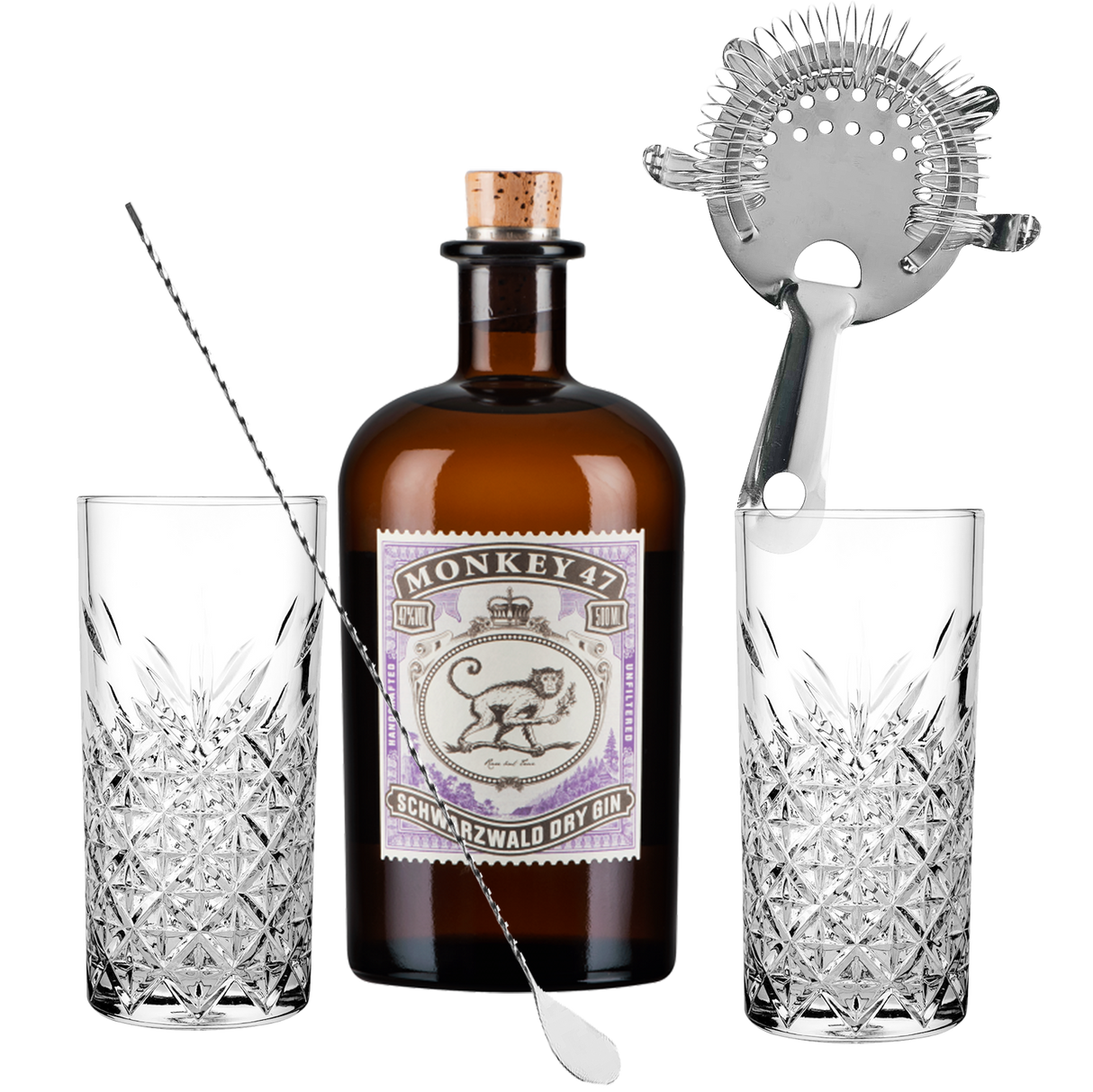 Set Cocktail Premium con Monkey 47 Gin 500 ml + 2 Bicchieri Tumbler in Vetro 30cl + 1 Bar Strainer Acciaio Inox +  1 Bar Spoon Cucchiaio Acciaio Inox - Idea Regalo Uomo Bartendering
