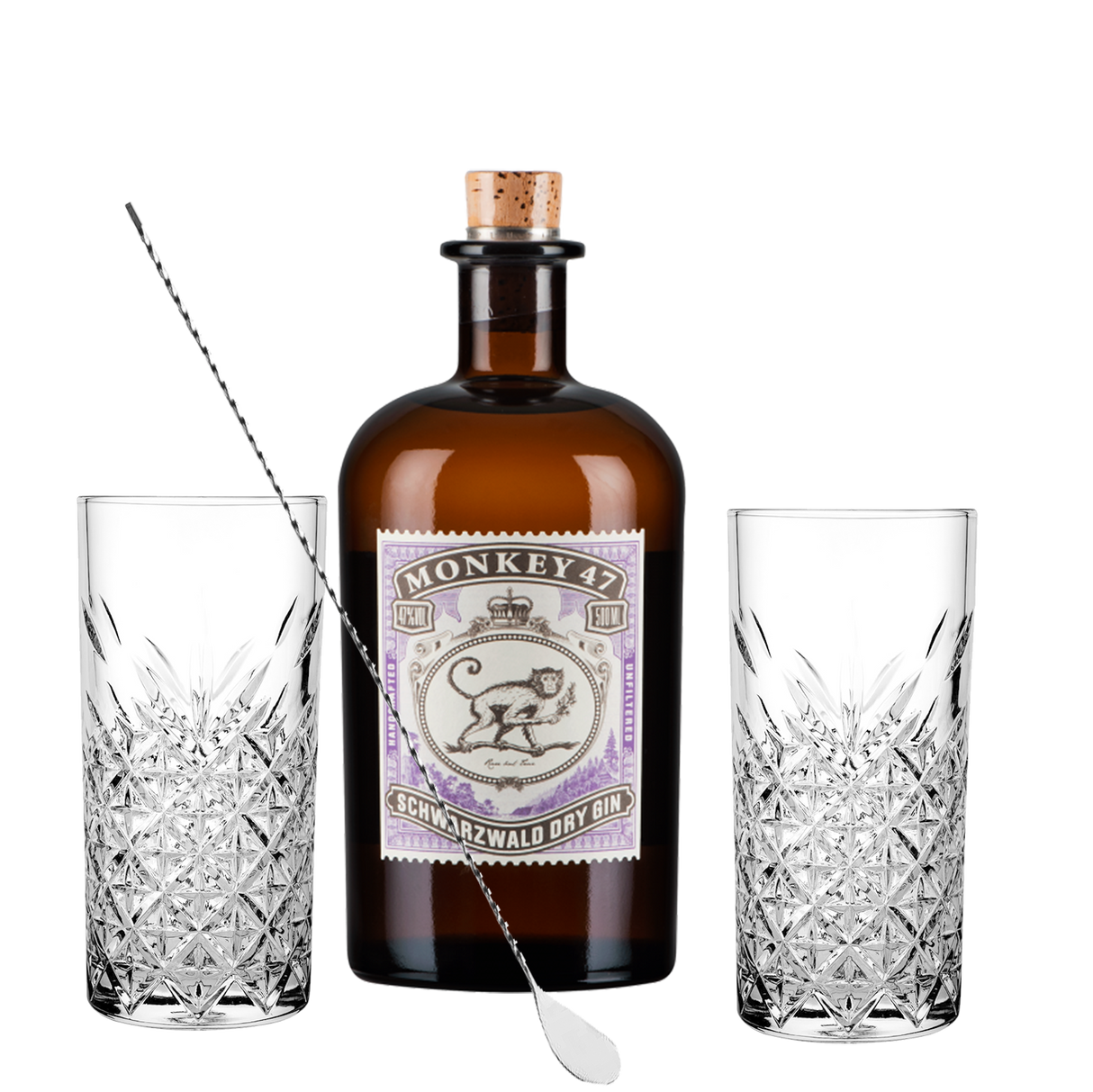 Set Cocktail Premium con Monkey 47 Gin 500 ml + 2 Bicchieri Tumbler in Vetro 30cl +  1 Bar Spoon Cucchiaio Acciaio Inox - Idea Regalo Uomo Bartendering Gin Tonic, Mixology e Home Bar