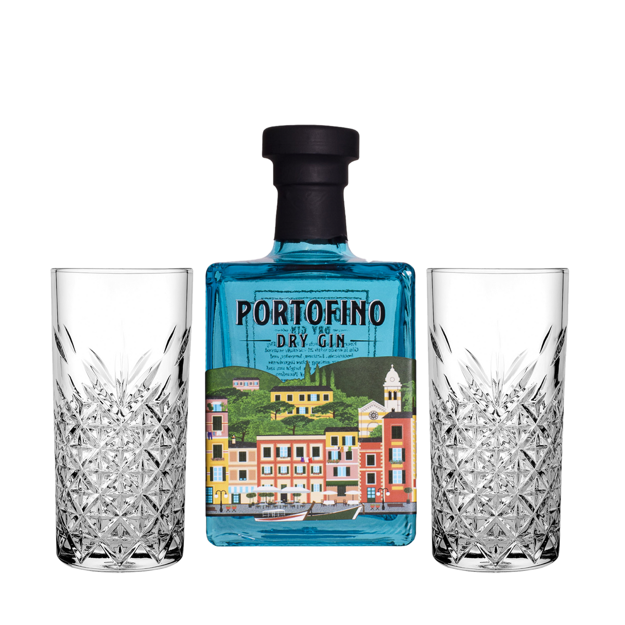 Set Cocktail Premium con Portofino Dry Gin 500 ml + 2 Bicchieri Tumbler in Vetro 30cl  -  Idea Regalo Uomo Bartendering Gin Tonic, Mixology e Home Bar