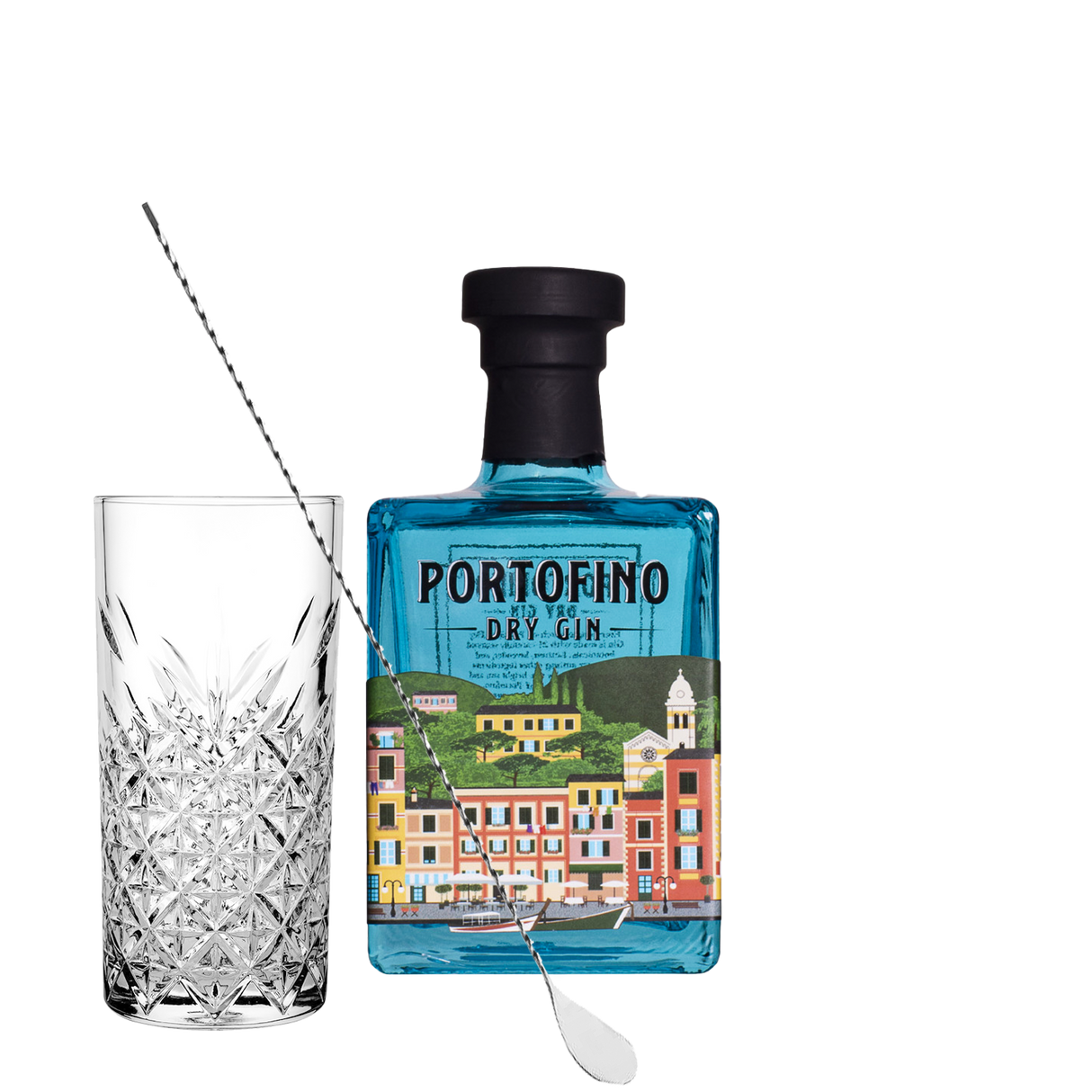 Set Cocktail Premium con Portofino Dry Gin 500 ml + 1 Bicchieri Tumbler in Vetro 30cl + 1 Bar Spoon Cucchiaio Acciaio Inox - Idea Regalo Uomo Bartendering Gin Tonic, Mixology e Home Bar