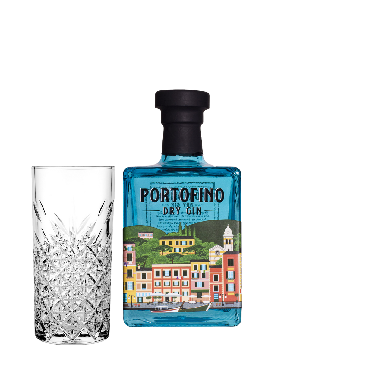Set Cocktail Premium con Portofino Dry Gin 500 ml + 1 Bicchieri Tumbler in Vetro 30cl - Idea Regalo Uomo Bartendering Gin Tonic, Mixology e Home Bar
