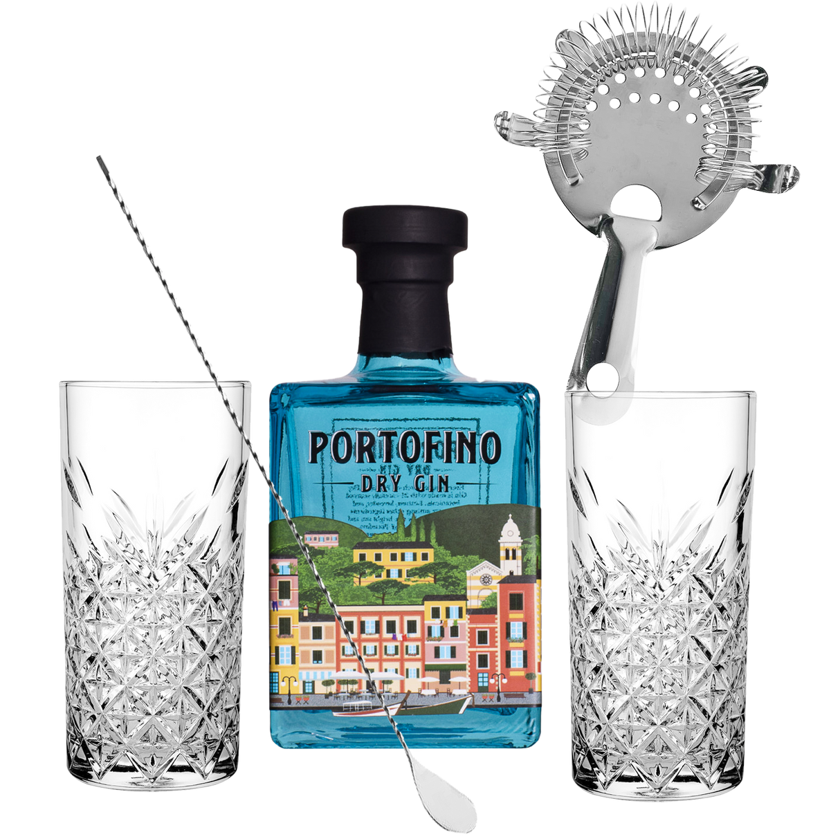 Set Cocktail Premium con Portofino Dry Gin 500 ml + 2 Bicchieri Tumbler in Vetro 30cl + 1 Bar Strainer Acciaio Inox +  1 Bar Spoon Cucchiaio Acciaio Inox - Idea Regalo Uomo Bartendering