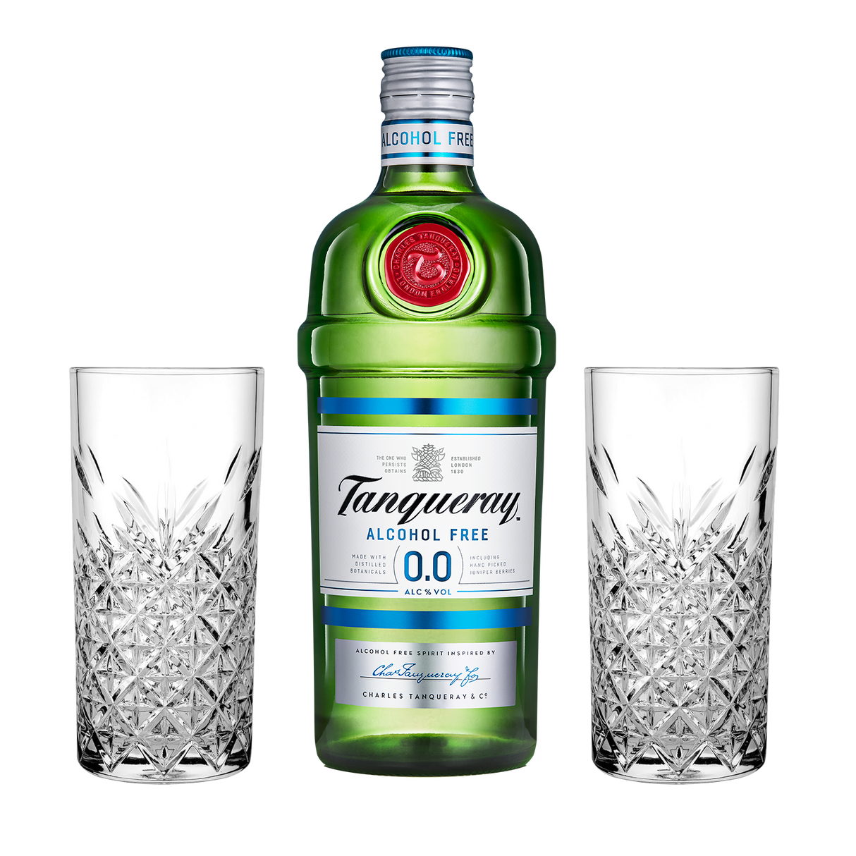 Set Cocktail Premium con Tanqueray 0.0%, bevanda analcolica, 700 ml + 2 Bicchieri Tumbler in Vetro 30cl  -  Idea Regalo Uomo Bartendering Gin Tonic, Mixology e Home Bar