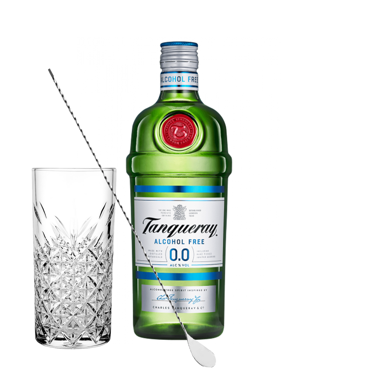 Set Cocktail Premium con Tanqueray 0.0%, bevanda analcolica, 700 ml + 1 Bicchieri Tumbler in Vetro 30cl + 1 Bar Spoon Cucchiaio Acciaio Inox - Idea Regalo Uomo Bartendering Gin Tonic, Mixology e Home Bar