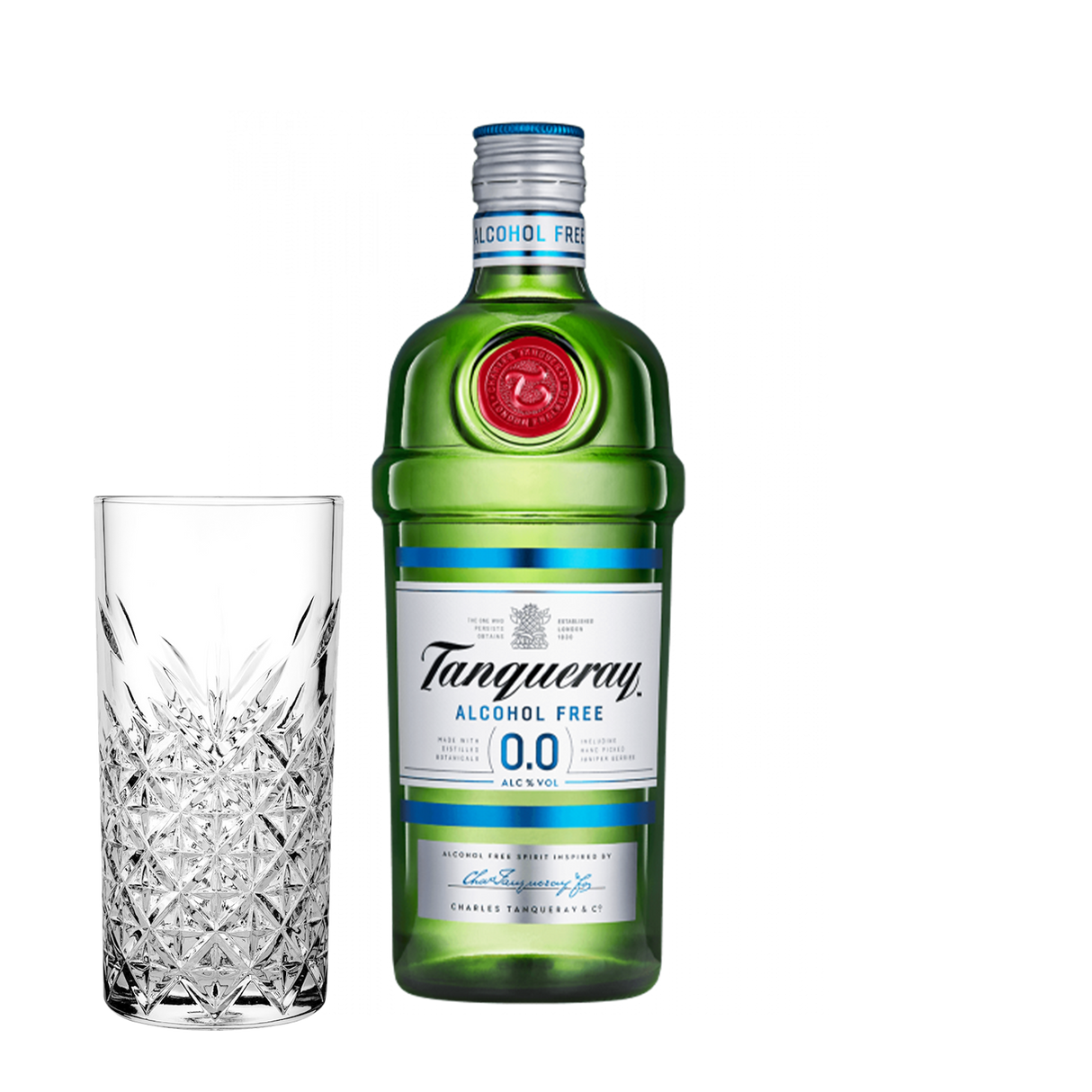 Set Cocktail Premium con Tanqueray 0.0%, bevanda analcolica, 700 ml + 1 Bicchieri Tumbler in Vetro 30cl - Idea Regalo Uomo Bartendering Gin Tonic, Mixology e Home Bar