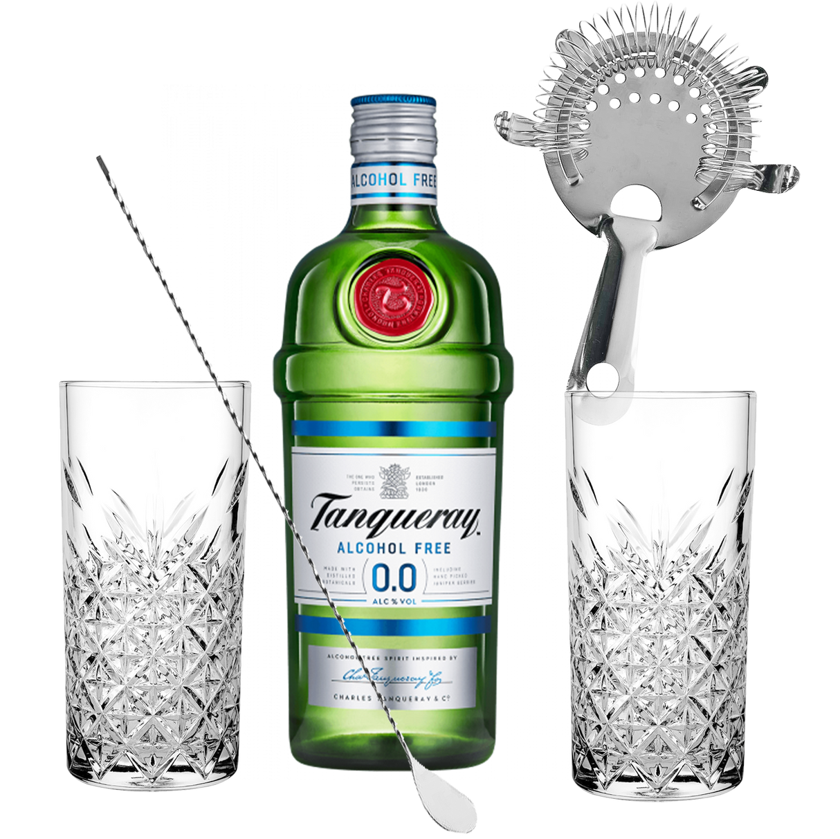 Set Cocktail Premium con Tanqueray 0.0%, bevanda analcolica, 700 ml + 2 Bicchieri Tumbler in Vetro 30cl + 1 Bar Strainer Acciaio Inox +  1 Bar Spoon Cucchiaio Acciaio Inox - Idea Regalo Uomo Bartendering