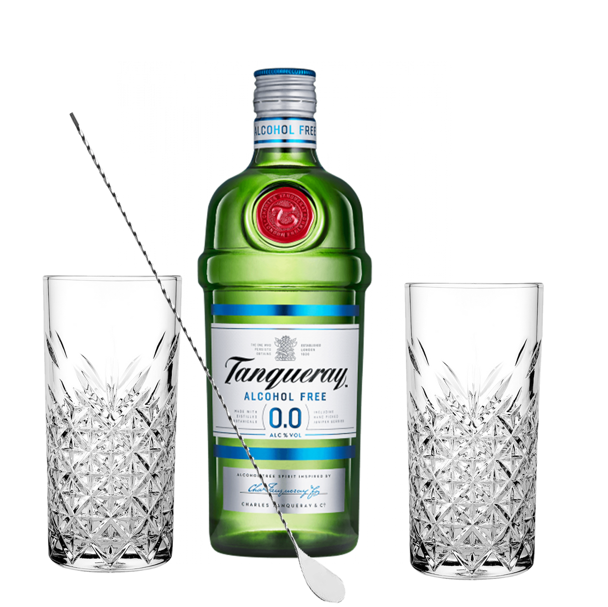 Set Cocktail Premium con Tanqueray 0.0%, bevanda analcolica, 700 ml + 2 Bicchieri Tumbler in Vetro 30cl +  1 Bar Spoon Cucchiaio Acciaio Inox - Idea Regalo Uomo Bartendering Gin Tonic, Mixology e Home Bar